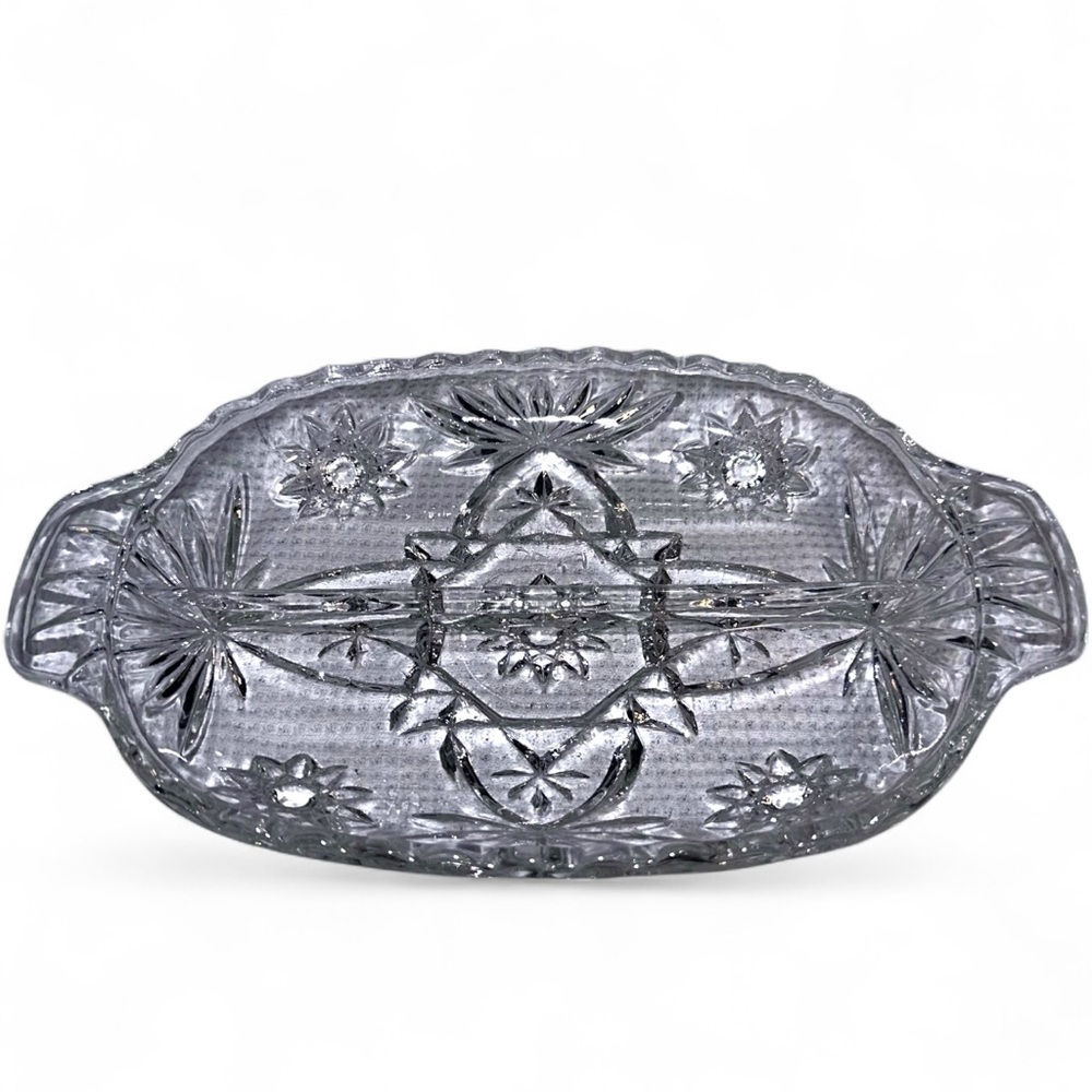 Anchor Hocking Divided Glass Relish Dish – Starburst & Daisy Pattern Vintage